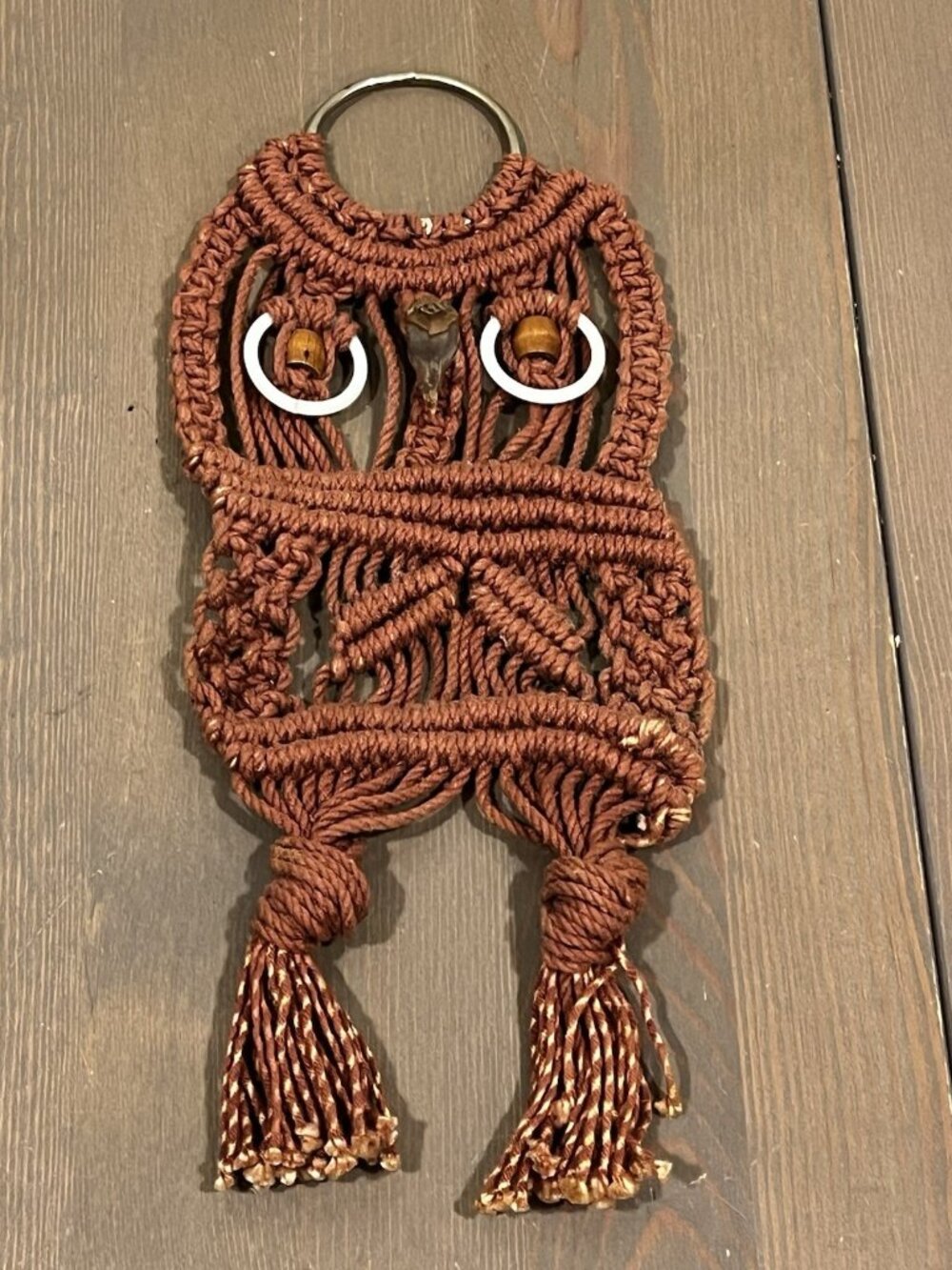 Vintage Macrame Owl Wall hanging 12” Handmade 70s/80s Retro Bamboo Eyes & Nose